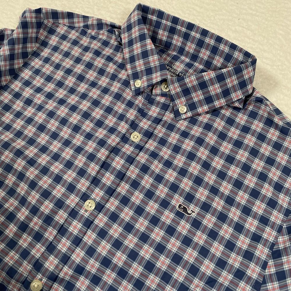 Vineyard Vines Shirt Youth Large Blue‎ Performance Stretch Button Up Long Sleeve